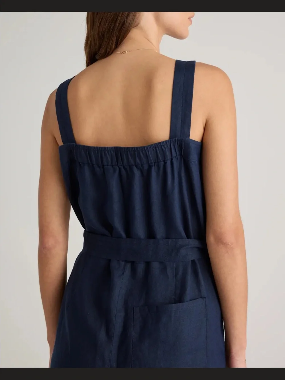 Quince Navy Square-Neck Linen Blend Jumpsuit with Tie Belt